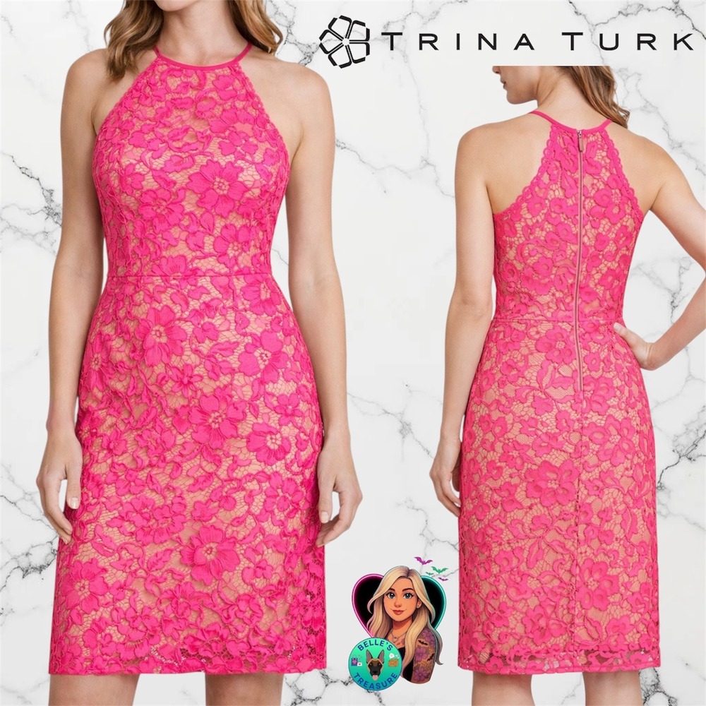 Trina Turk Hot Pink Parry Floral Lace Halter Sheath Dress Women's 6‎ Cocktail